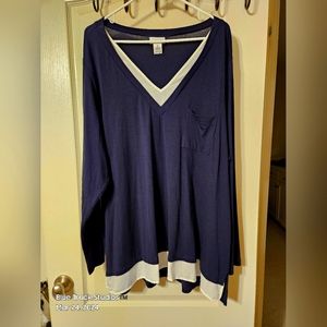 Liz Claiborne Long Sleeve Top Vneck Blue White Trim Plus Size 3X